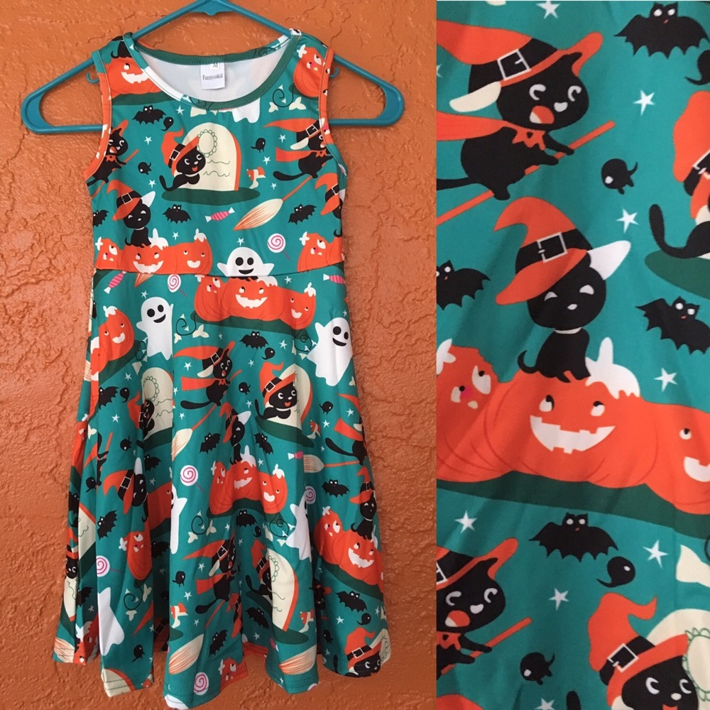 Halloween Black Cat Orange Pumpkin Turquoise Dress